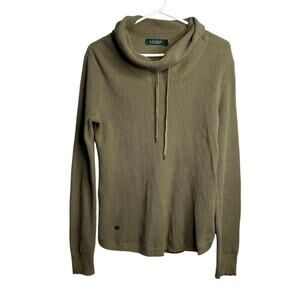 Lauren Ralph Lauren Sweater Women Small Green Waffle Knit Cowl Neck Cotton